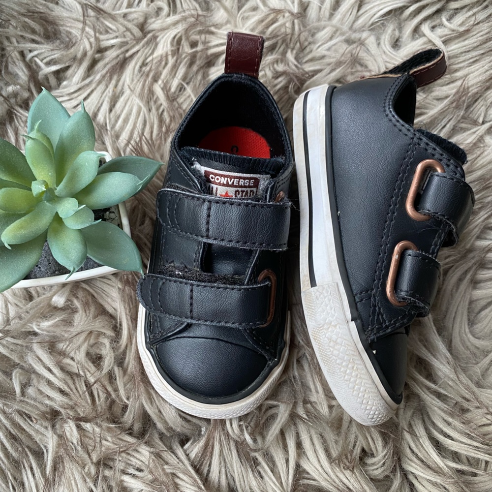 Toddler Faux Leather Velcro Black Converse Sneakers